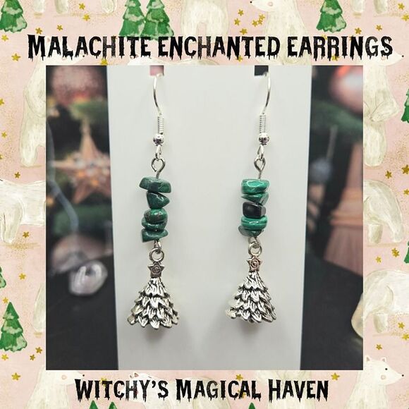 Malachite Chips Christmas Tree Charm Gemstone Festive Earrings - Picture 1 of 6